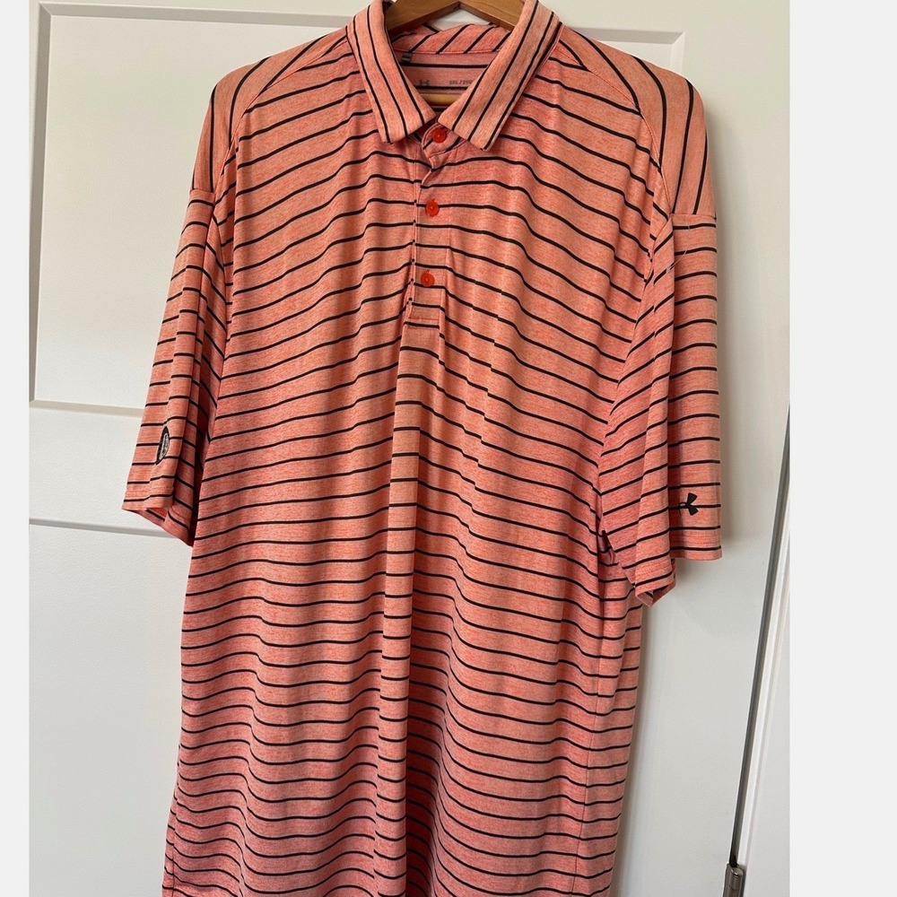 Under Armour Mens 2XL HeatGear Golf Polo Shirt Orange Black Striped Mohawk GCC
